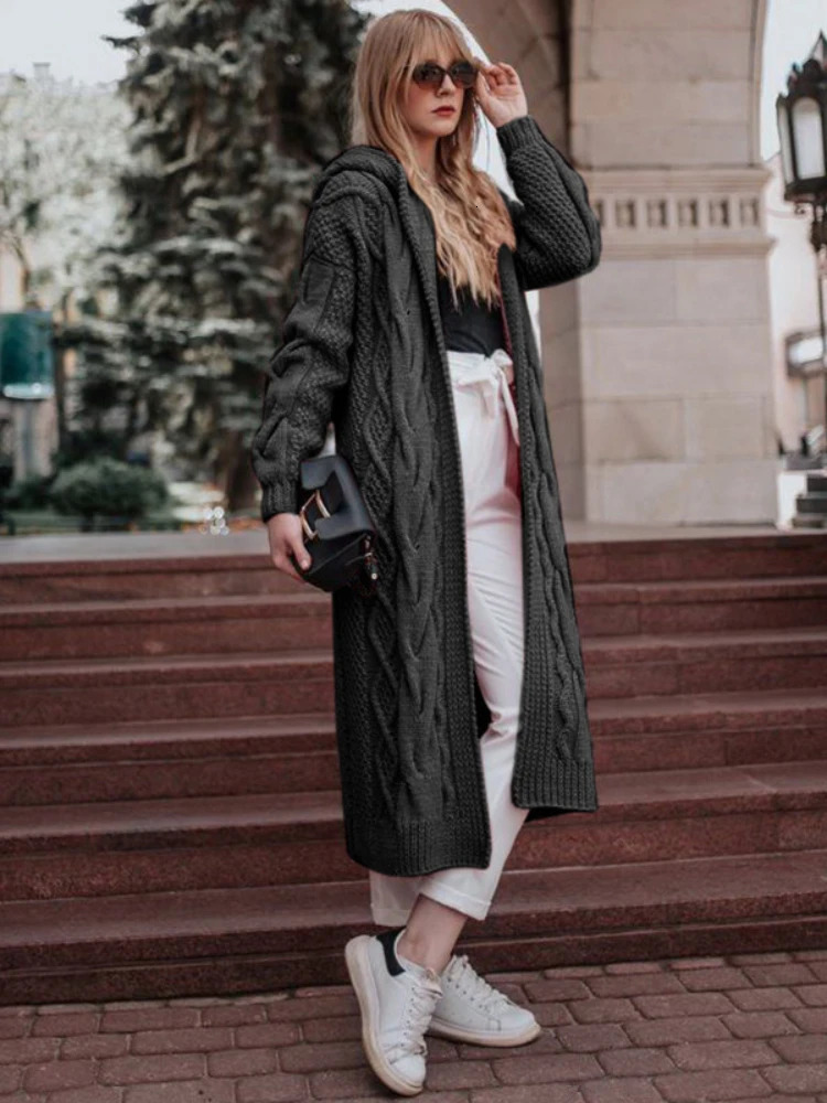 Knit Long Loose Cardigan Female Autumn Sweater 2023 Solid Color Hooded Sleeves Winter Twist High Street 240126