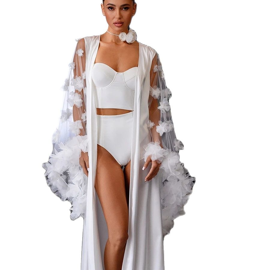 Handmade Flowers Women Satin Nightgown Sexy Lace Sleepwear V Neck Long Sleeve Nightwear Sleep Wear Night Gown Lingerie