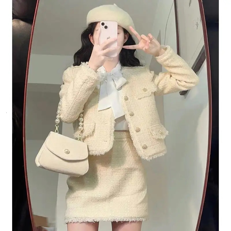 Korean Style Womens Suit Jacket Skirt Set Autumn and Winter Highend Temperament Office Lady Tweed Top Twopiece 240124