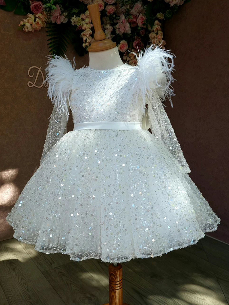 sequined White girl pageant dress First Communion Dresses For Girls 2024 Brand Tulle Lace Infant Toddler Pageant long sleeve Flower Girl Dress Wedding