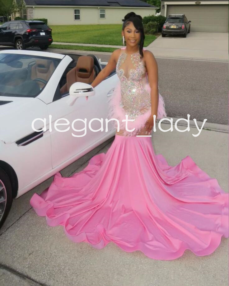 Pink Luxury Mermaid Prom Ceremony Dresses for Women Sparkly Crystal Feather Black Girl Evening Party Birthday Gala Gown