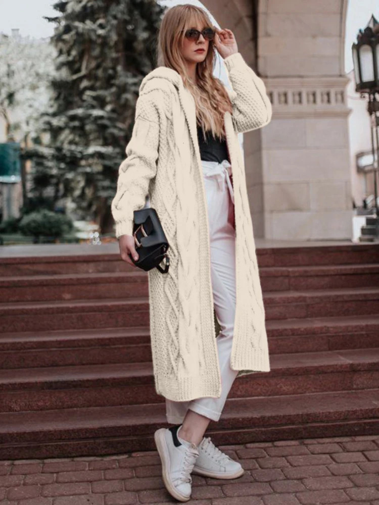 Knit Long Loose Cardigan Female Autumn Sweater 2023 Solid Color Hooded Sleeves Winter Twist High Street 240126