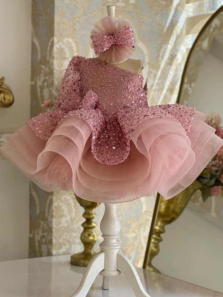 Pink White Shiny Flower One Shoulder Long Sleeve Sequined Big Bling Bowtie Ruffles Tulle Puff Birthday Party Dresses Gowns Pageant Dress For Girl 403