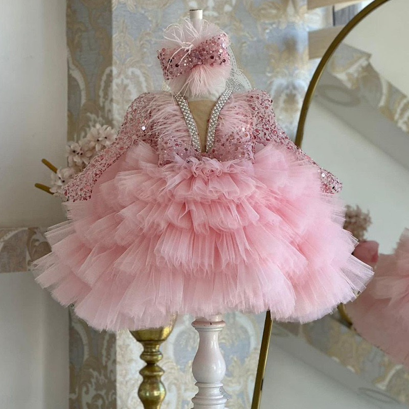 Long Sleeve Wer Dress New Wedding Cute Princess Ruched Little Girl Tutu Gowns Party Dresses For Girls Kids Formal Wear Elegant Birthday Gown 403 66603