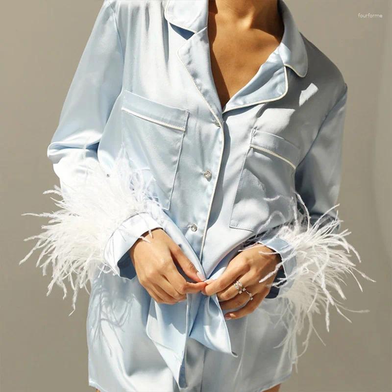 Satin Silk Pama Set Women - Soft Feather Pyjamas For Spring Summer Sleepwear B4