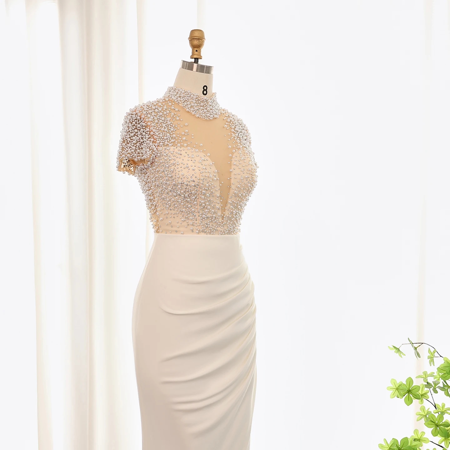 Elegant 2024 Evening Formal Dress High Neck Beaded Pearls Short Sleevevs Women Soft Satin Prom Party Gowns Birthday Wear Arabic Dubai Robe De Soiree