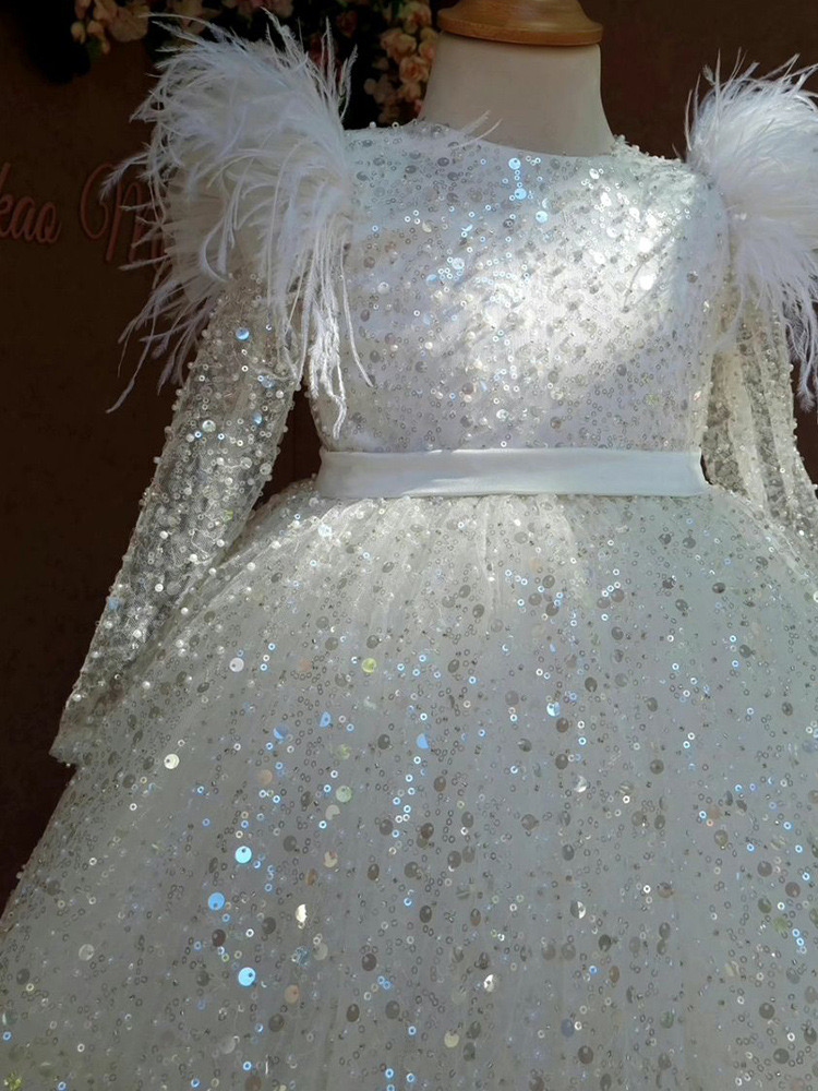 sequined White girl pageant dress First Communion Dresses For Girls 2024 Brand Tulle Lace Infant Toddler Pageant long sleeve Flower Girl Dress Wedding
