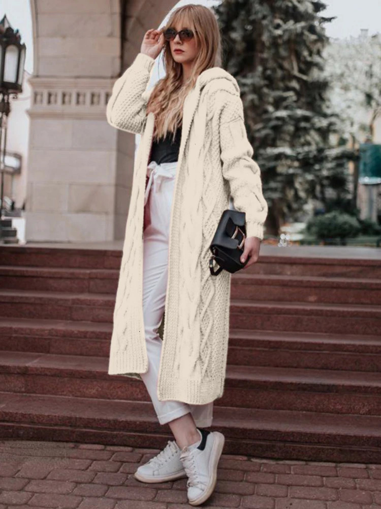 Knit Long Loose Cardigan Female Autumn Sweater 2023 Solid Color Hooded Sleeves Winter Twist High Street 240126