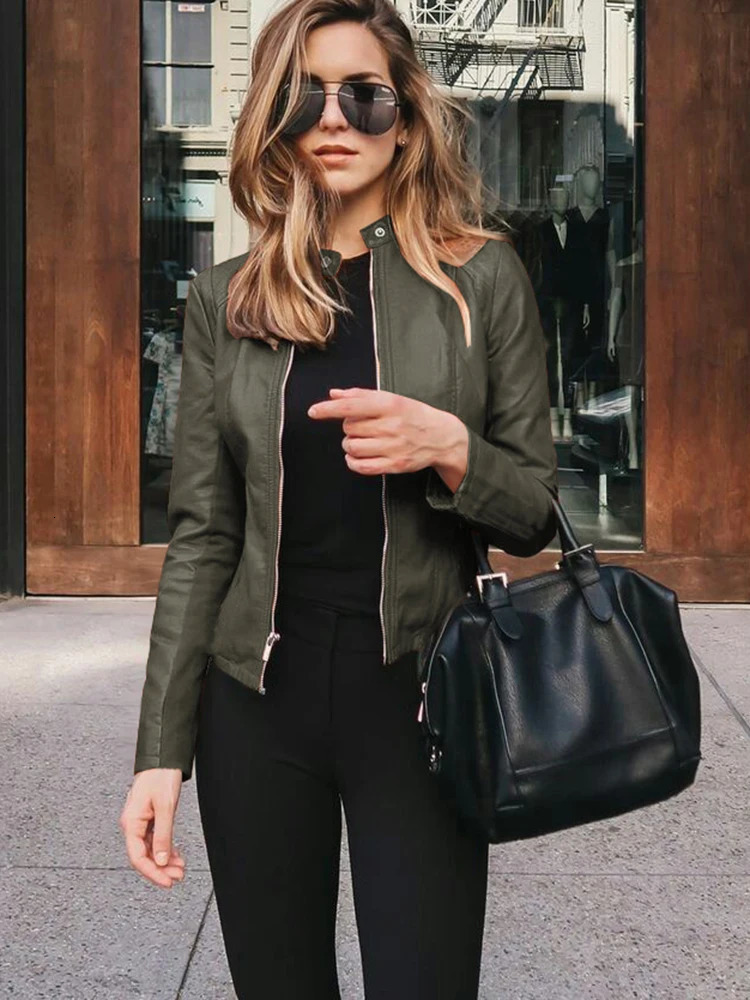 Women Flight Jacket Pu Leather Outwear Zipper Outfit Autumn Fashion Short Thin Female Jackets Office Lady Casual Coats 240124