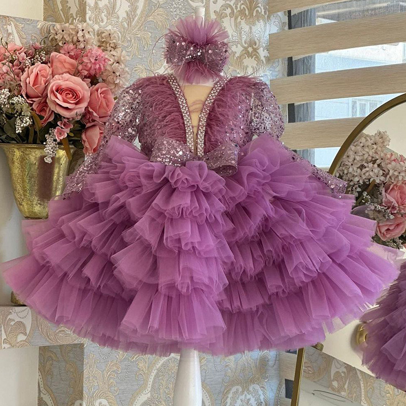 Long Sleeve Wer Dress New Wedding Cute Princess Ruched Little Girl Tutu Gowns Party Dresses For Girls Kids Formal Wear Elegant Birthday Gown 403 66603