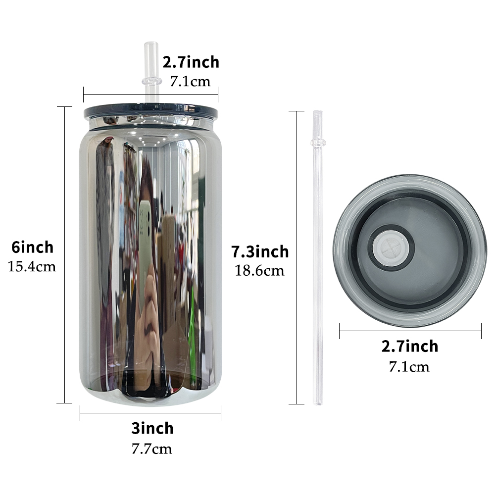 Recyclable high borosilicate glass BPA Free middle night metal mirror black plated 16 OZ beer soda Can Tumbler Glasses with plastic lids and straw for