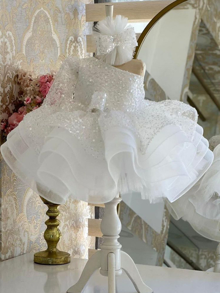 Pink White Shiny Flower One Shoulder Long Sleeve Sequined Big Bling Bowtie Ruffles Tulle Puff Birthday Party Dresses Gowns Pageant Dress For Girl 403