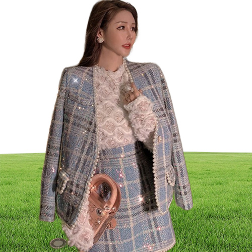 Runway Fall Winter Beaded Diamonds Plaid Woolen Female Tweed Jacket Coat Elegant Skirt Women Clothes 2 Pieces Set Suit 220817