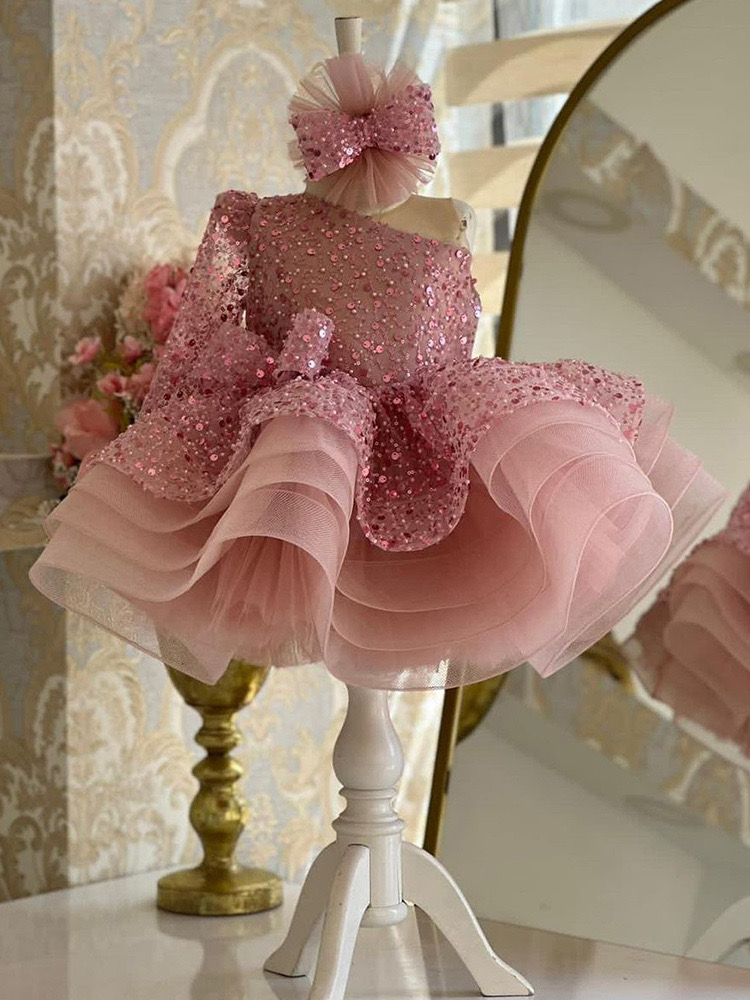Pink White Shiny Flower One Shoulder Long Sleeve Sequined Big Bling Bowtie Ruffles Tulle Puff Birthday Party Dresses Gowns Pageant Dress For Girl 403