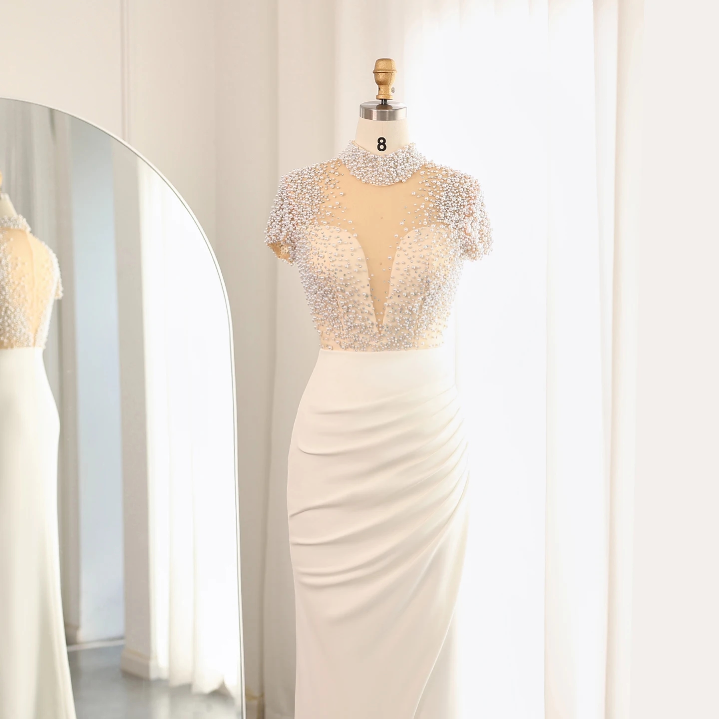 Elegant 2024 Evening Formal Dress High Neck Beaded Pearls Short Sleevevs Women Soft Satin Prom Party Gowns Birthday Wear Arabic Dubai Robe De Soiree