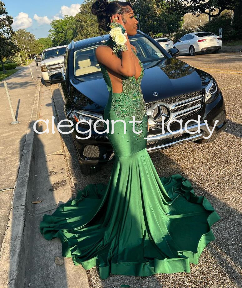 Emerald Green Luxury African Evening Birthday Dresses for Women Sparkly Diamond Crystal Prom Ceremony Gown vestidos gala