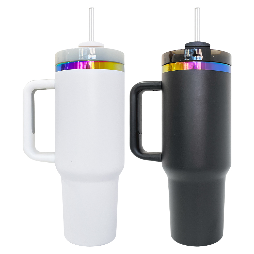 USA warehouse H2.0 40oz Rainbow plated tumbler powder coated vacuum insulated black white holographic travel mug with lid and straw for sunflower lase