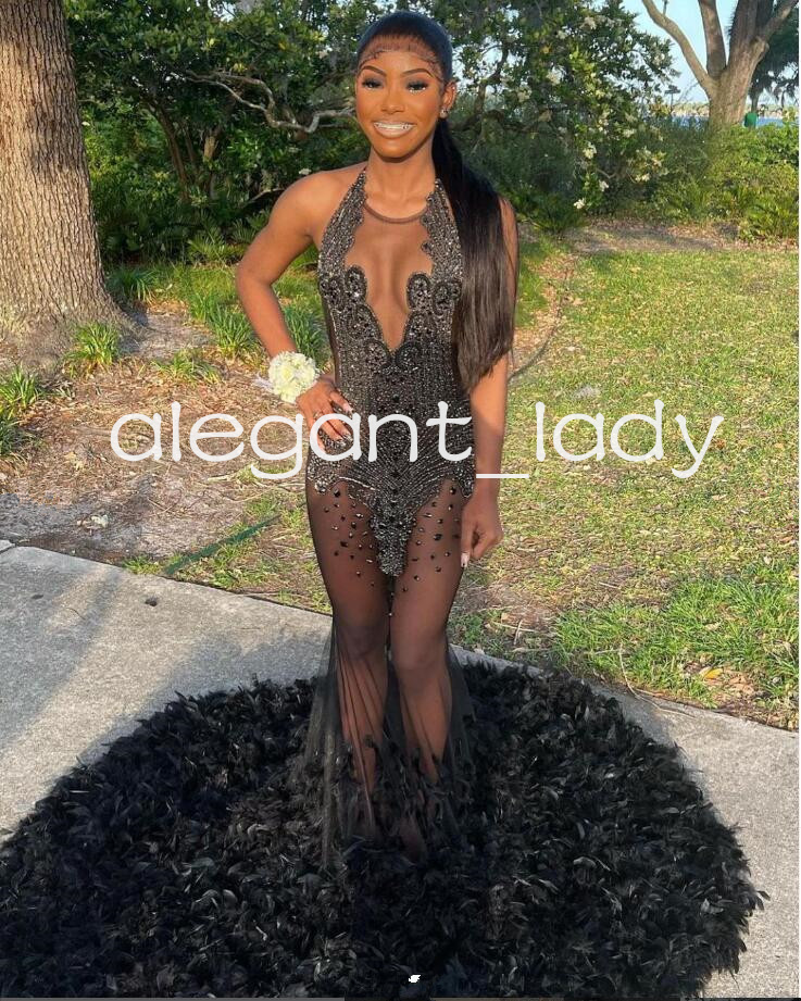 2024 Sparkly African Mermaid Prom Birthday Dresses for Women Luxury Diamond Feather See Through Evening Gown Black Girl