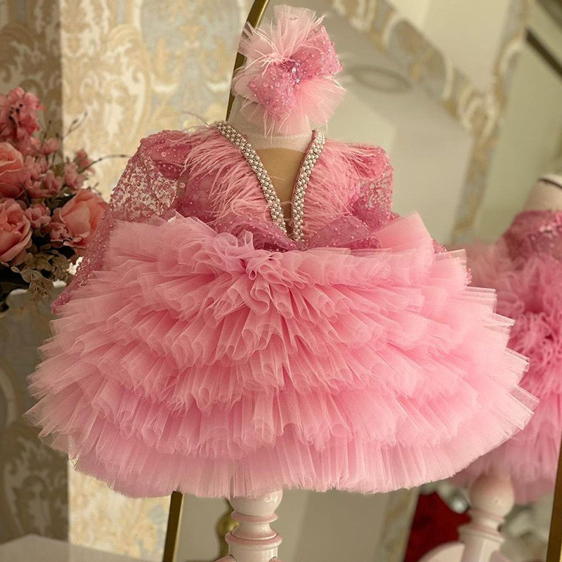 Long Sleeve Wer Dress New Wedding Cute Princess Ruched Little Girl Tutu Gowns Party Dresses For Girls Kids Formal Wear Elegant Birthday Gown 403 66603