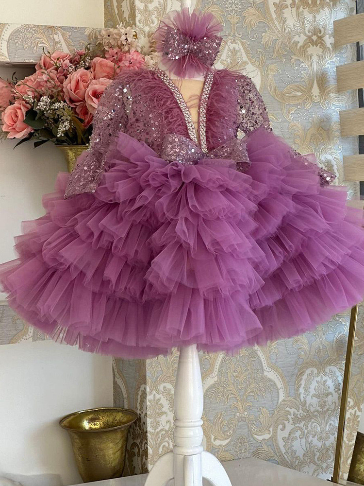 Lovely Feather Sequined Girls Pageant Dresses New Long Sleeves Crystals Beaded Tutu Appliques Tiered Skirts Red Flower Girl Dress Custom Made Kids For