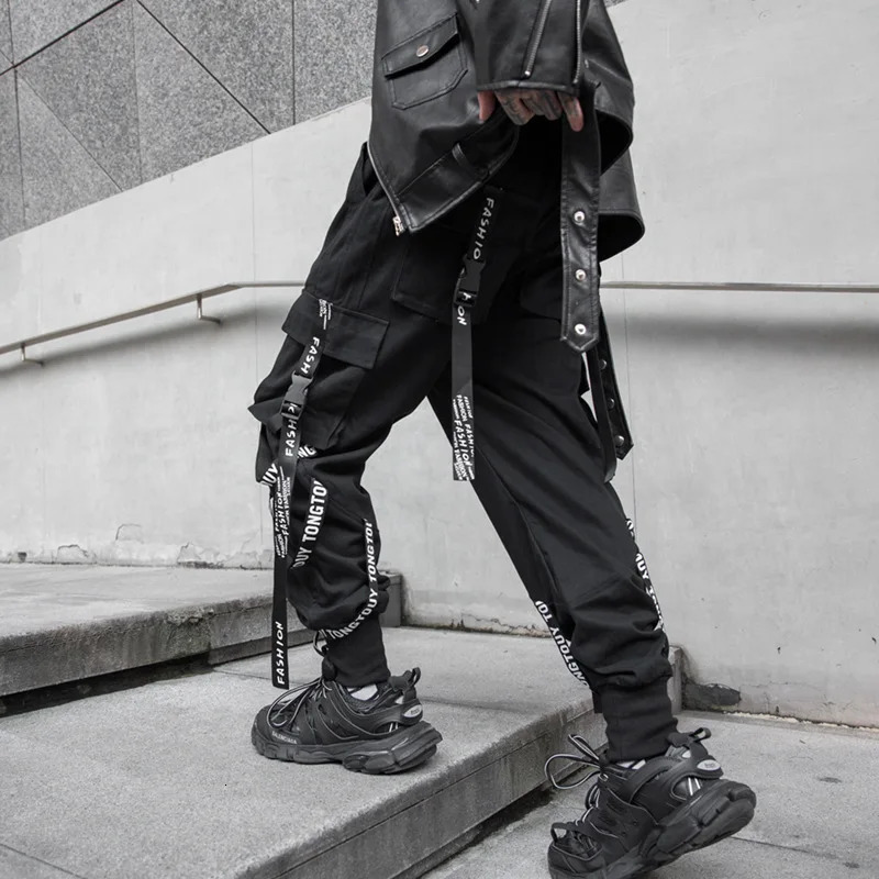 Stylish Techwear Men Cargo Pants Hip Hop Streetwear High Street Jogger Male Trousers Ribbons Pockets Harem Pants for Male 240126