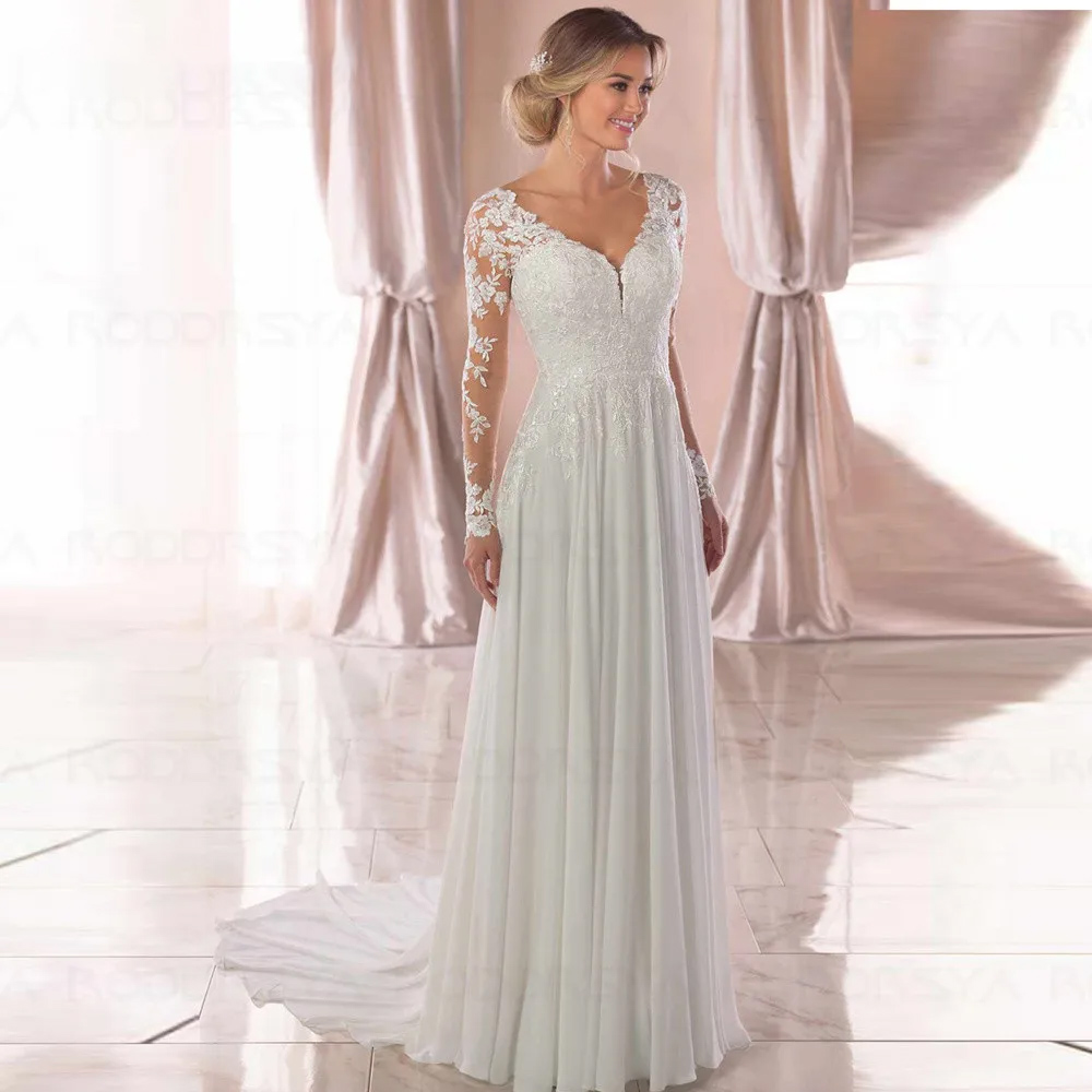 Stunningbride 2024 V Neck Long Sleeves Chiffon Beach Wedding Dresses Open Back White Lace Appliques A-e Party Bridal Gowns Custom Made