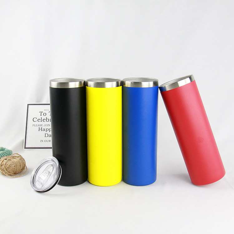 Custom logo 20oz colored skinny tumbler stainless steel powder coated colors skinny cup with lid double wall vacuum insulated coffee drinking cup