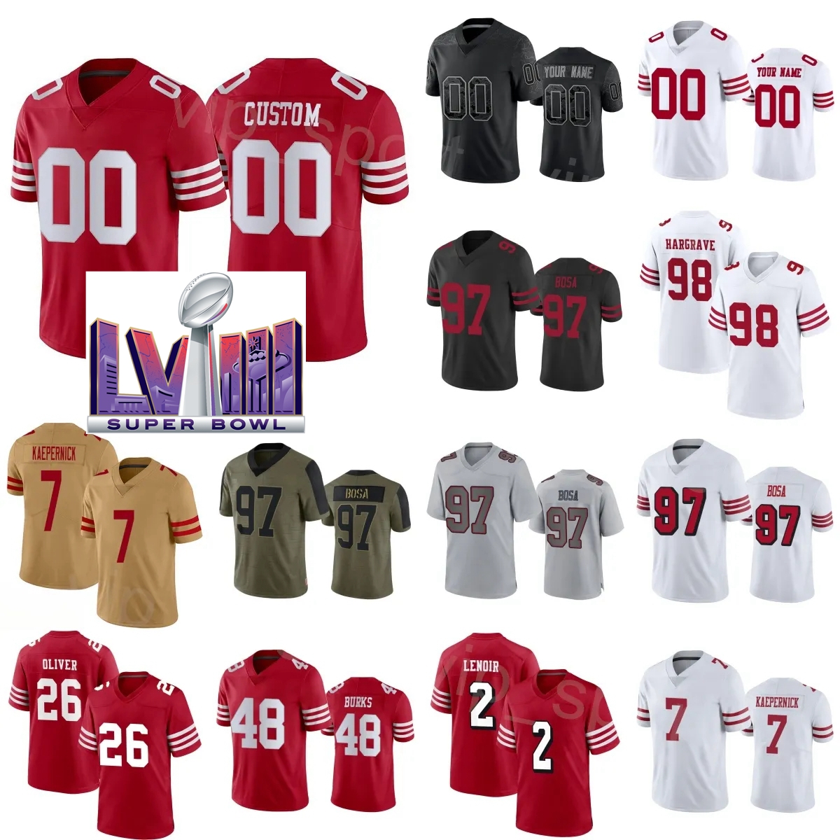 Football Super Bowls 98 Javon Hargrave Jerseys 7 Colin Kaepernick 97 Nick Bosa 2 Deommodore Lenoir 26 Isaiah Oliver 31 Tashaun Gipson Sr 48 Oren Burks Woman