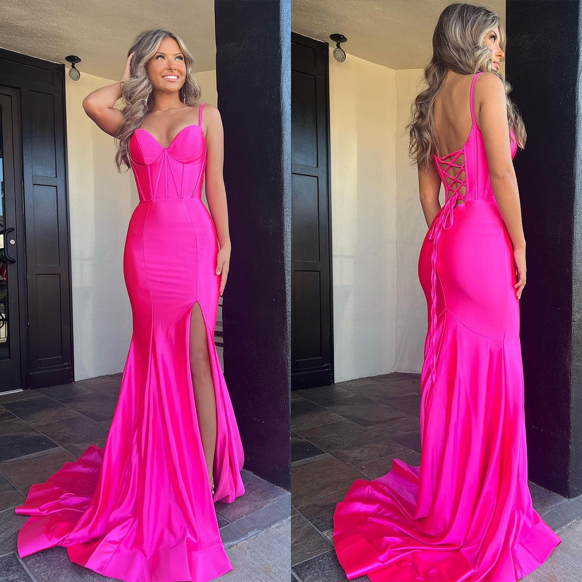 Hot Pink Formal Evening Dress Sexy Spaghetti Straps Satin Runway Prom Party Mermaid Gowns Lace Up Robe de Soiree