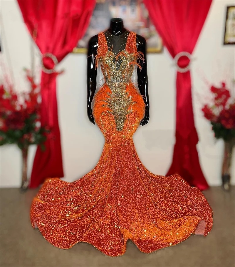 New Arrival 2024 Orange Crystal Prom Dresses Sheer Neck Evening Gowns Dias Rhies Feathers Birthday Party Dress Robes Lz0304