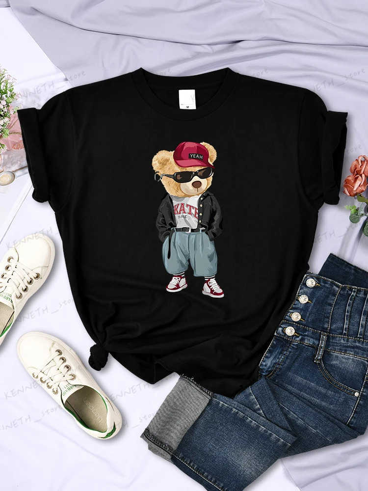 Women's T-Shirt Teddy Bear'S Fashion Outfit Of The Day Funny Print T-Shirt Women Summer Breathable Short Sleeve Casual Soft Tshirt Street Te