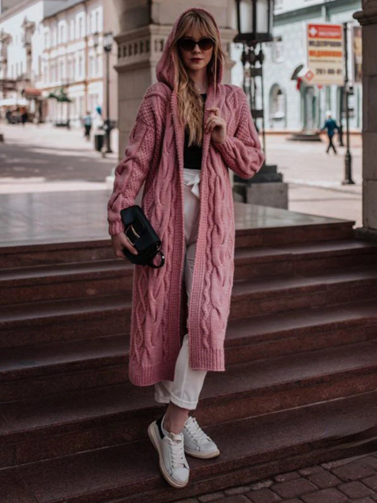 Knit Long Loose Cardigan Female Autumn Sweater 2023 Solid Color Hooded Sleeves Winter Twist High Street 240126