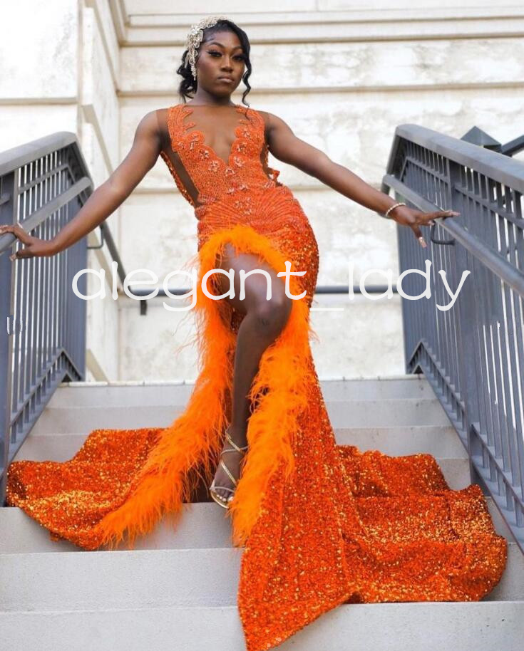 Orange Sparkly African Evening Reception Dresses for Women Luxury Diamond Crystal Feather Slit Prom Gown vestidos de fiesta