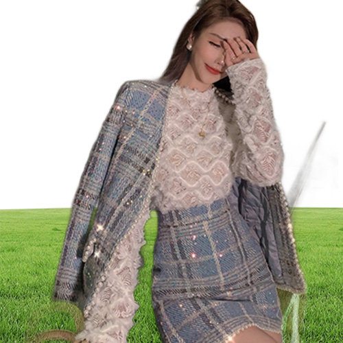 Runway Fall Winter Beaded Diamonds Plaid Woolen Female Tweed Jacket Coat Elegant Skirt Women Clothes 2 Pieces Set Suit 220817