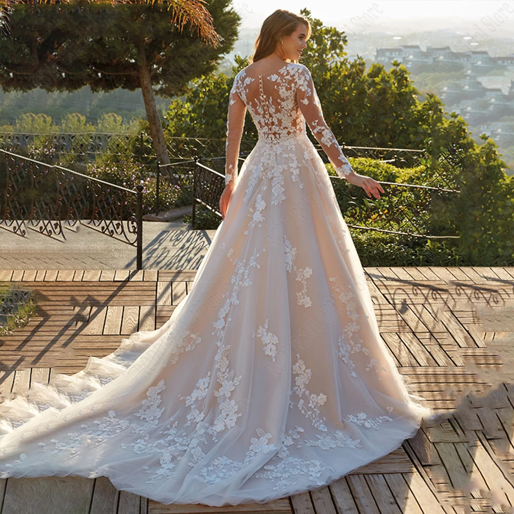 Stunningbride 2024 Elegant Lace A-e Wedding Dresses Long Sleeves Applique O-Neck Button Tulle Plus Size Bride Gowns Covered Buttons Custom Made
