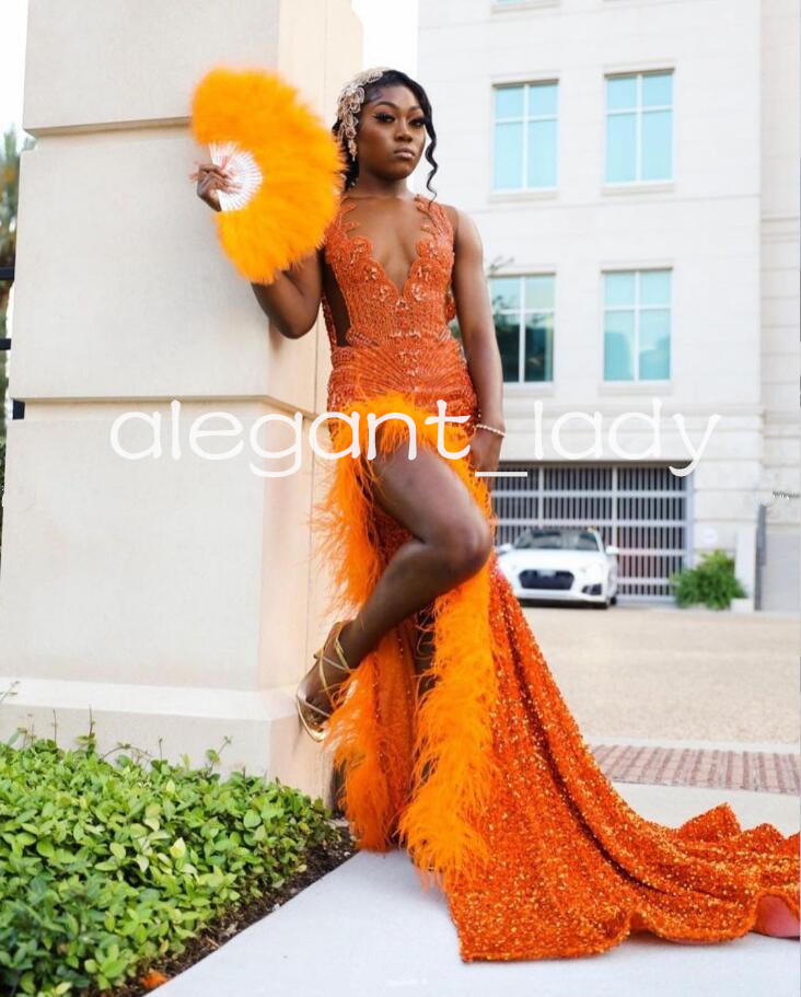 Orange Sparkly African Evening Reception Dresses for Women Luxury Diamond Crystal Feather Slit Prom Gown vestidos de fiesta