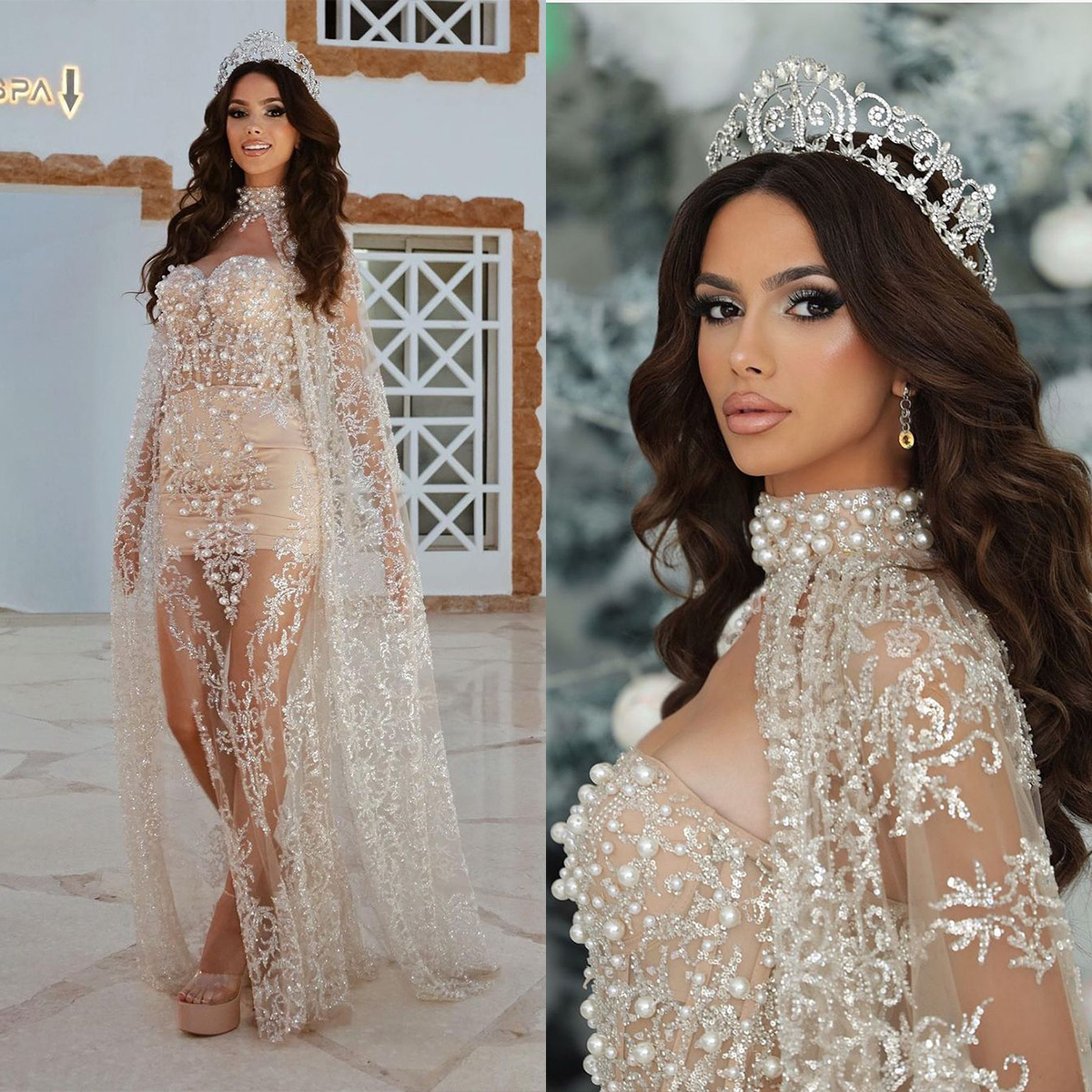Glamorous Pearls Mermaid Wedding Dresses Sequins Appliques Bridal Gowns with Cape Side Split Illusion Custom Made Floor Length Bride Dresses