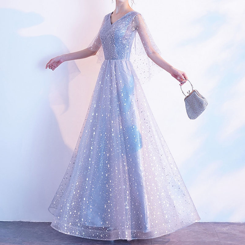 Silver Mother of the Bride Dresses Tulle with Shining Sequins Long Party Evening Gowns V-Neck Half Sleeves Zipper Back Floor Length Long Dress