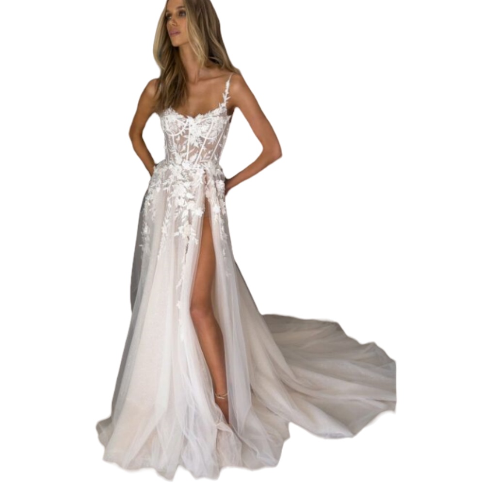 Bohemian Western Country A E Wedding Dresses Beach Spaghetti Straps Illusion Tulle Sleeveless Lace Appliques D Ral Bridal Gowns Side Split Open Back 6