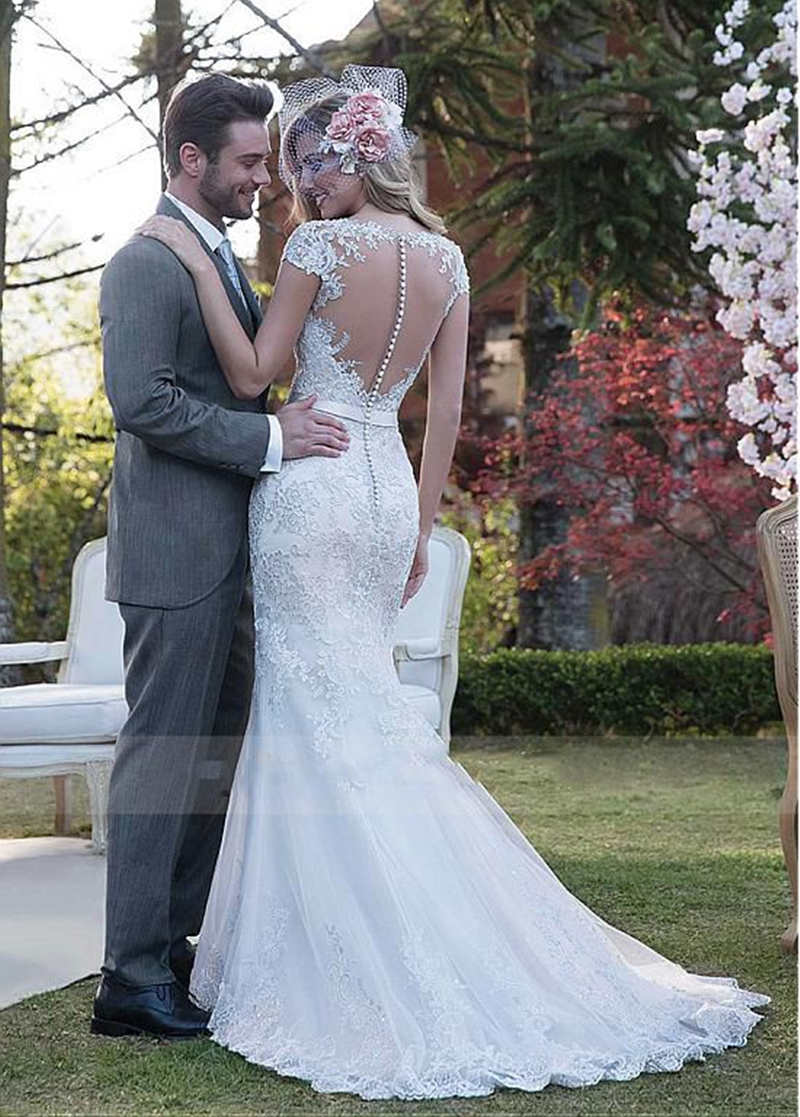Elegant Short Sleeves Mermaid Wedding Dresses With Detachable Train Lace Appliques Back Illusion Sexy Long Bridal Gowns 2024 Spring Summer