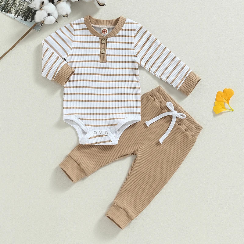 Citgeett Autumn Infant Baby Boy Fall Outfits Long Sleeve Striped Print Romper Pants Set Warm Clothes 240127
