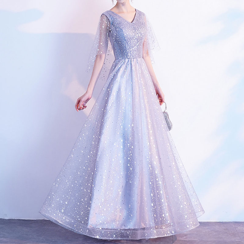 Silver Mother of the Bride Dresses Tulle with Shining Sequins Long Party Evening Gowns V-Neck Half Sleeves Zipper Back Floor Length Long Dress