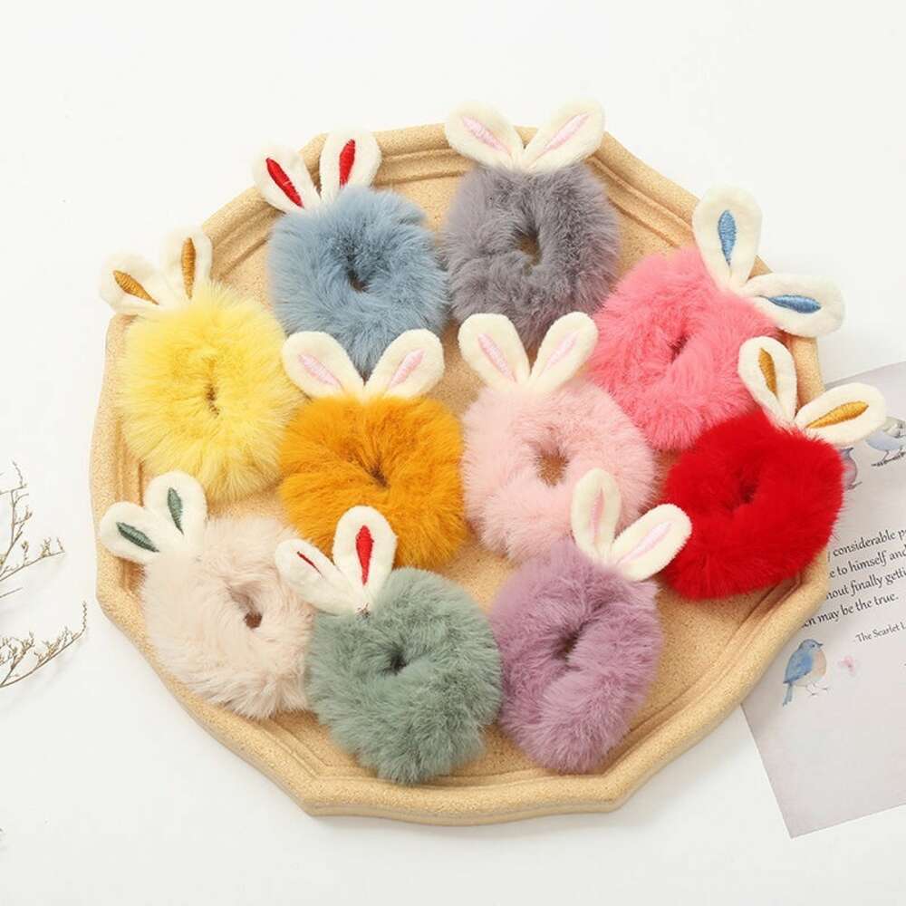 Autumn and Winter New Korean Cute Tie Hair Leather Plush Rabbit Ears Horsetail Head rope Children's High Elastic Hair Loop