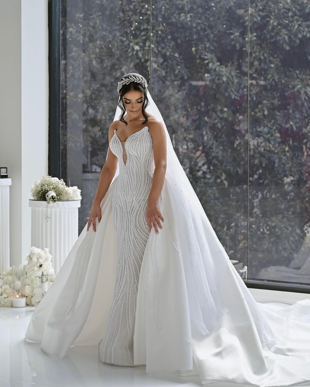Exquisite Mermaid Wedding Dresses Sweetheart Whole Pearls Design Detachable Train Tulle Sleeveless Custom Made Plus Size Sexy Bridal Gown Vestidos De 