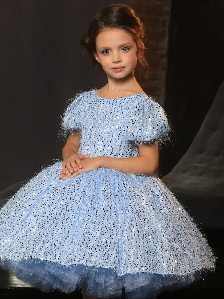 new Ball Gown Pearls Flower Girl Dresses For Wedding Light Sky Blue sequined Appliqued Pageant Gowns Floor Length Tulle feather tutu puffy First holy 