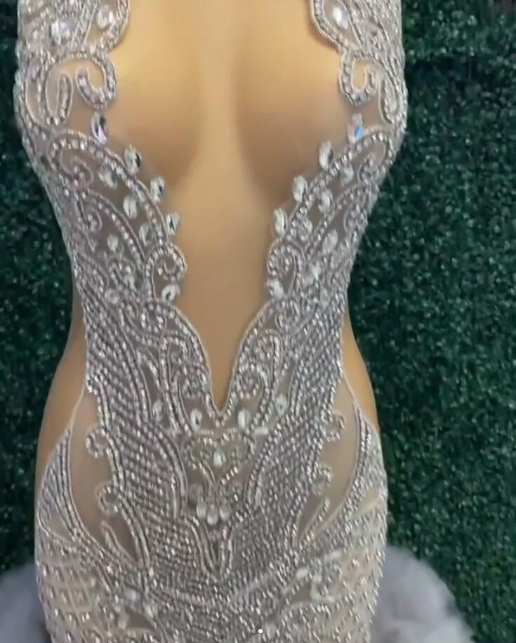 Silver Diamond Trumpet Evening Party Dresses for Women Sparkly Crystal Ruffles Black Girl Prom Birthday Gown vestidos de 15 anos