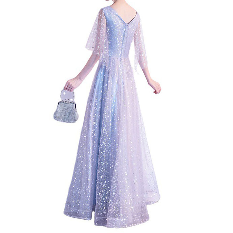 Silver Mother of the Bride Dresses Tulle with Shining Sequins Long Party Evening Gowns V-Neck Half Sleeves Zipper Back Floor Length Long Dress