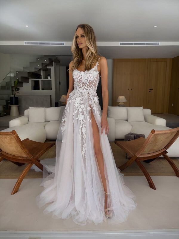 Bohemian Western Country A E Wedding Dresses Beach Spaghetti Straps Illusion Tulle Sleeveless Lace Appliques D Ral Bridal Gowns Side Split Open Back 6