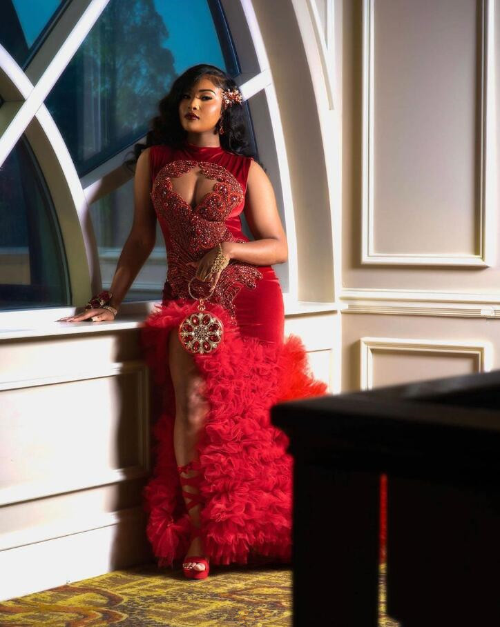 Red Velvet Sparkly Mermaid Prom Formal Dresses for Women Luxury Diamond Ruffles Evening Ceremony Gown Gala Black Girl