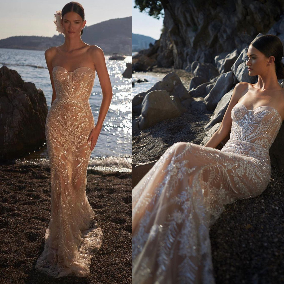 Sparkly Mermaid Wedding Sequins Strapless Bridal Gowns Illusion Custom Made Sleeveless Or Length Bride Dresses 0219